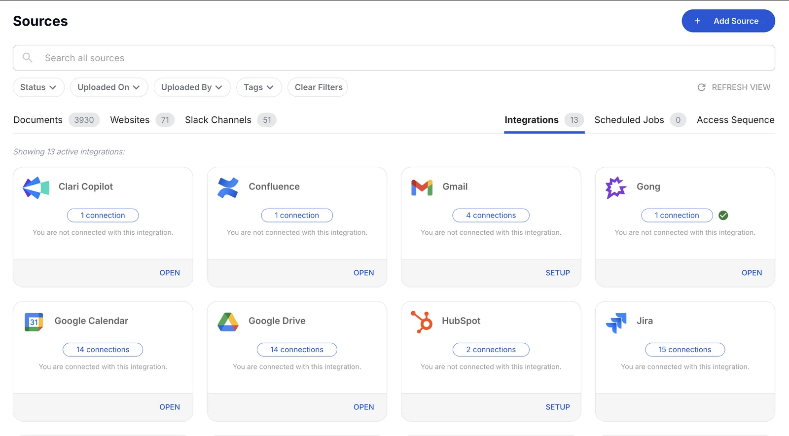 The Sources screen in Tribble, showing connected tools such as Confluence, Google Drive, Salesforce and SharePoint